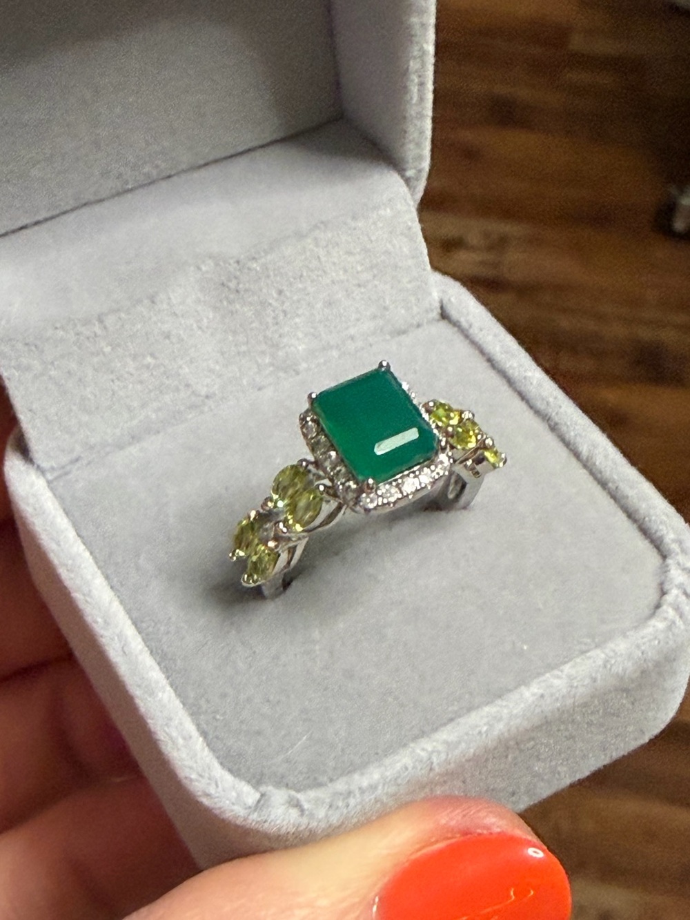 Elegant Natural Aventurine, Peridot & Zircon Ring 925 Sterling Silver Size 8